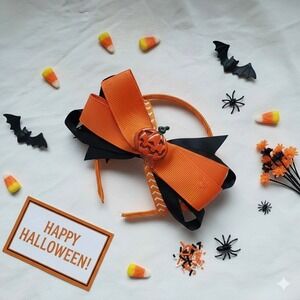 Girl Halloween Headband Orange Black Ribbon Pumpkin Hair Accessory Costume Party
